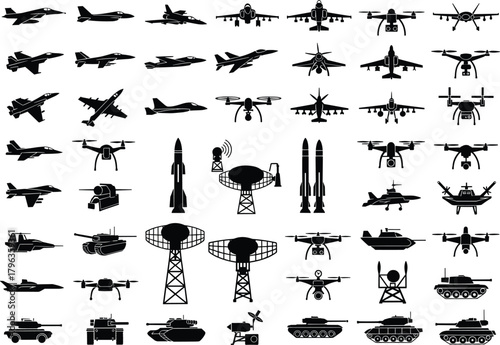 Military aircraft, drones, tanks, missiles, radar towers, and communication equipment silhouette vector set. Army vehicles, war weapons, aviation and defense illustration collection