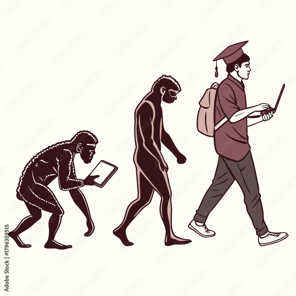 Fototapeta premium The evolution of humanity from ancient hominids to modern students using technology and education