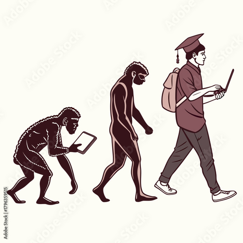 The evolution of humanity from ancient hominids to modern students using technology and education