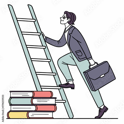 A determined businessman climbs a ladder made of books symbolizing education and career advancement towards success