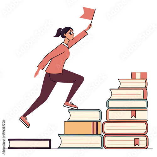A determined woman climbs a staircase made of books holding a flag representing achievement and knowledge