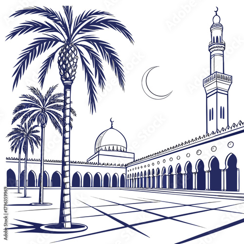 Traditional islamic mosque courtyard with palm trees and crescent moon in a minimalist blue line drawing style