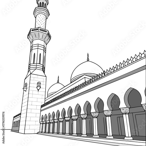 Architectural drawing of a grand mosque featuring a tall minaret and a colonnade with domes against a white background