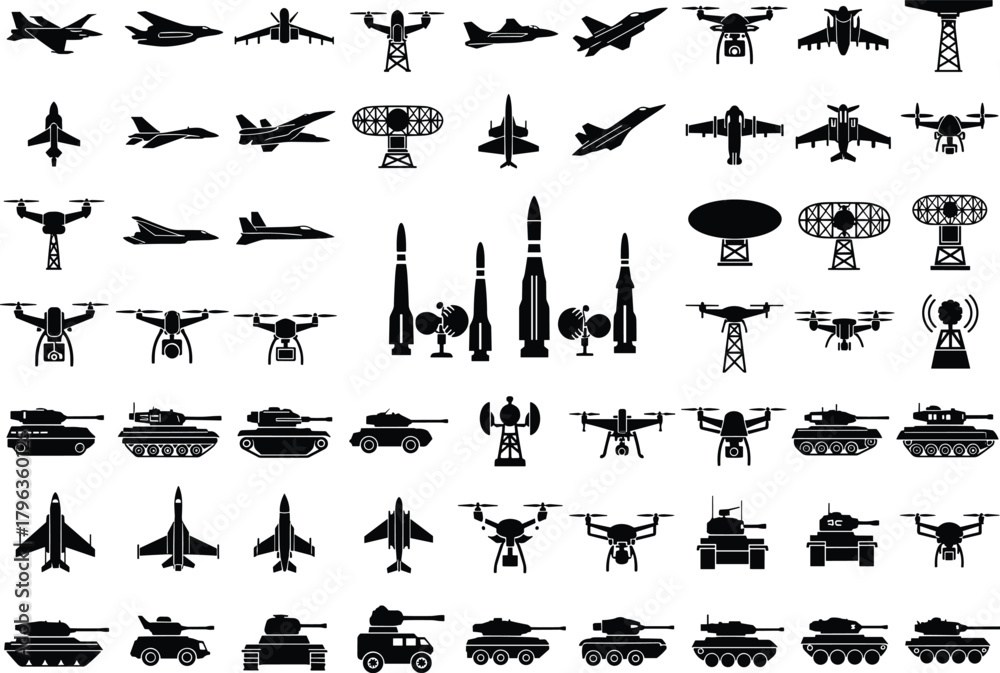 Naklejka premium Military aircraft, tanks, drones, missiles, radar and communication tower silhouettes vector set. Army vehicles, air force jets, defense weapons, war equipment illustration