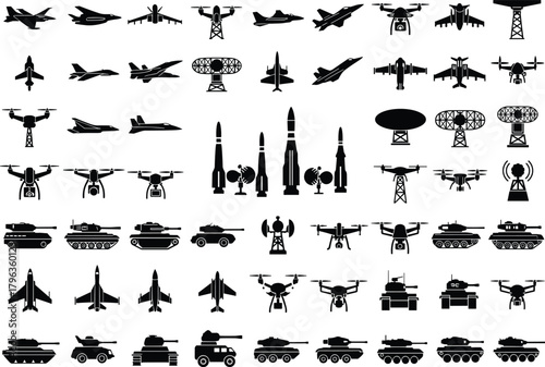 Military aircraft, tanks, drones, missiles, radar and communication tower silhouettes vector set. Army vehicles, air force jets, defense weapons, war equipment illustration