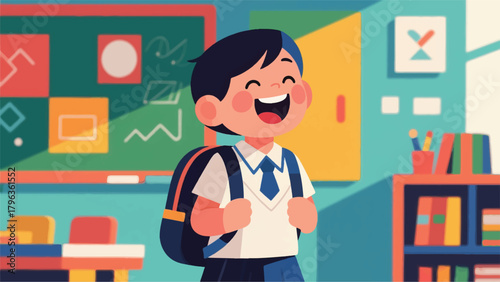 Illustration Of A Student Carrying A Bag Cheerfully In Class Vector Design Template