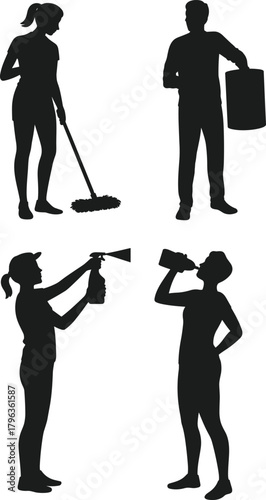 Silhouettes of Cleaning and Maintenance Workers – Mopping, Spraying, Trash Handling, Drinking – Vector Set for Sanitation, Housekeeping, Facility Services Design
