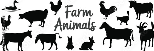 Silhouettes of common farm animals with playful typography – includes horse, cow, pig, goat, rabbit, cat, chicken, duck, and more