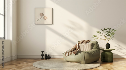 Tranquil reading corner with green upholstered armchair and soft natural lighting through window