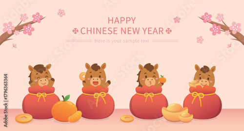 A cute horse mascot with a red bag filled with lots of money, Chinese Lunar New Year, and plum blossoms