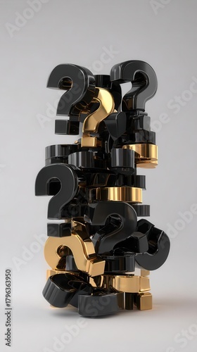 3D Rendered Glossy Black and Gold Question Marks Stacked