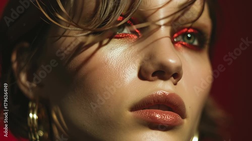 A woman with red hair and green earrings. She has red lipstick on her lips. She is wearing a green jacket. High fashion editorial christmas red green gold minimal gloss