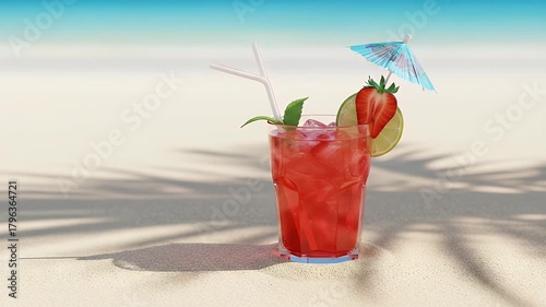 Refreshing Beach Cocktail: Strawberry, Lime, and Ice on Sandy Shore