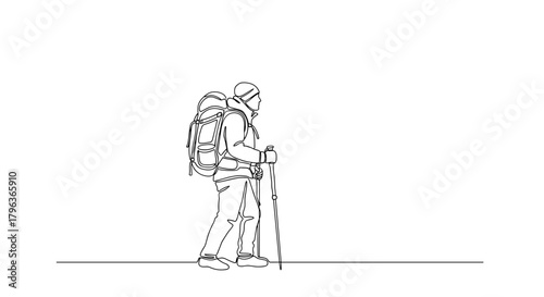 Winter hiker with backpack line art symbolizing solitude and endurance