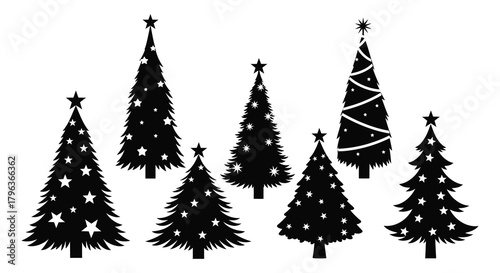 Collection of seven stylized black silhouette christmas trees with festive ornaments and stars against a white background