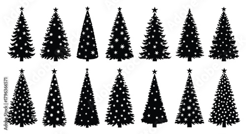 Collection of diverse black silhouette christmas trees decorated with ornaments and stars on a white background