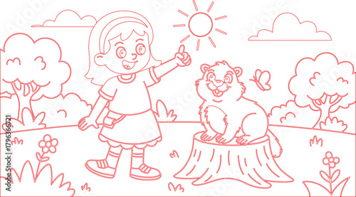 Happy Groundhog Day Girl Points at the Sun, Groundhog on Stump, Coloring Page
