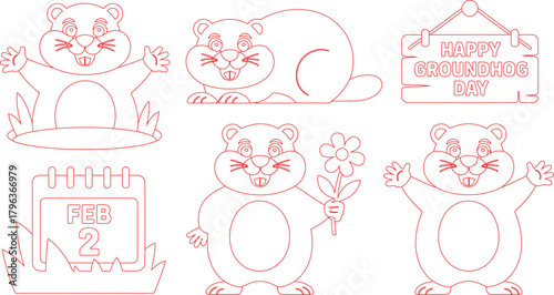 Line Art Groundhog Day Illustrations Featuring Marmots, Calendar, Flower, and Signboard Elements