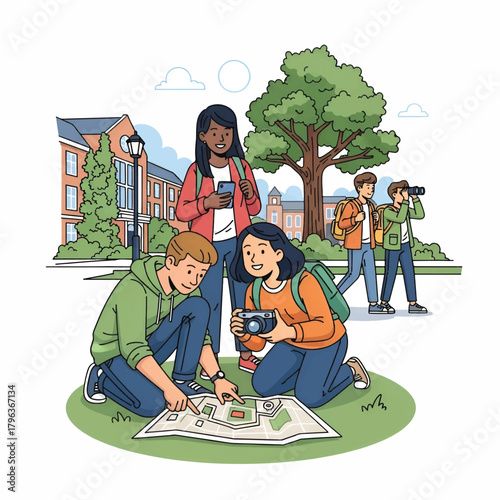 Diverse students on a campus lawn map, photograph, chat, and explore near trees and buildings today!