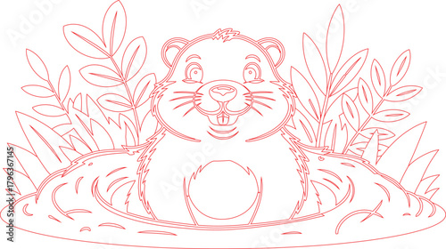 Line Art of a Cute Beaver Peeking Out from its Burrow with Plants Around