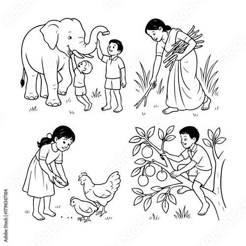 Adorable Kids’ Cartoon Lineart with Cloud Character Tamil Cute Girl Walking with a Little Cloud – Simple Line Art Illustration 