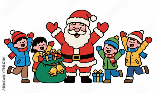 Cheerful Santa Claus with children and gifts in a festive Christmas celebration.