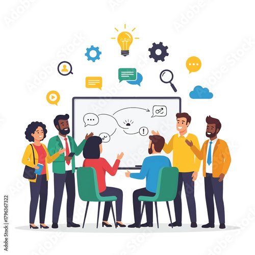 Diverse team collaborates around a whiteboard, mapping ideas with icons, gears, and a lightbulb now