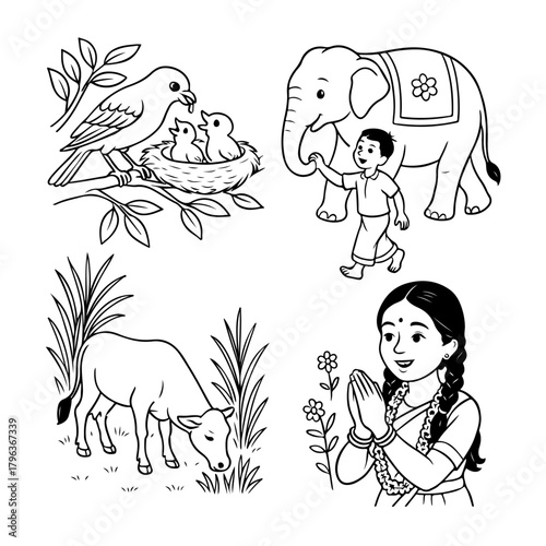 Adorable Kids’ Cartoon Lineart with Cloud Character Tamil Cute Girl Walking with a Little Cloud – Simple Line Art Illustration 