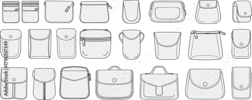 various pocket and pouch types, fashion bag accessory templates, sewing pattern outlines, handbag and purse designs, cad drawing flat vector illustration