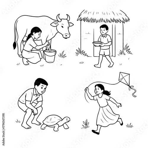 Adorable Kids’ Cartoon Lineart with Cloud Character Tamil Cute Girl Walking with a Little Cloud – Simple Line Art Illustration 