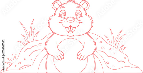 Outline Drawing Smiling Cartoon Groundhog or Woodchuck Emerging from Mound with Grass Detail