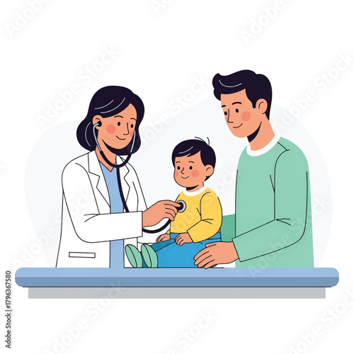 Doctor checks cheerful child with stethoscope while parent smiles in a calm clinic setting, caring!!