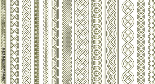 Vertical ornamental border pattern set, interwoven loops and geometric motifs for decorative design, graphic art, cad drawing flat vector illustration