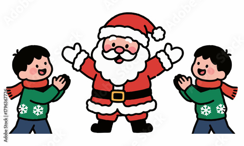 Cheerful Santa Claus with children and gifts in a festive Christmas celebration.