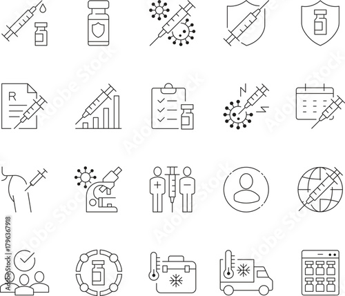 Collection of medical icons representing vaccination healthcare and scientific research concepts