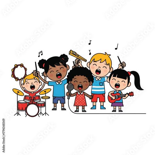 Five cheerful kids form a lively stage band drums, mic, guitar, and singing together. All smiles!!!