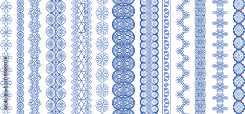 Vertical ornamental pattern set, blue floral and geometric motifs, traditional decorative design for textile, wallpaper, graphic art, cad drawing flat vector illustration