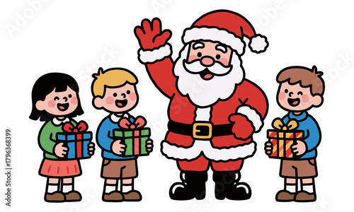 Cheerful Santa Claus with children and gifts in a festive Christmas celebration.