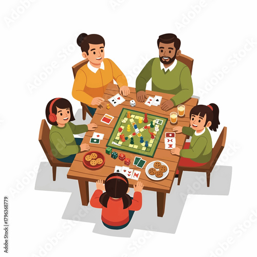 Five players around a wooden table play a boardgame with cards, dice, chips, and snacks. cozy scene