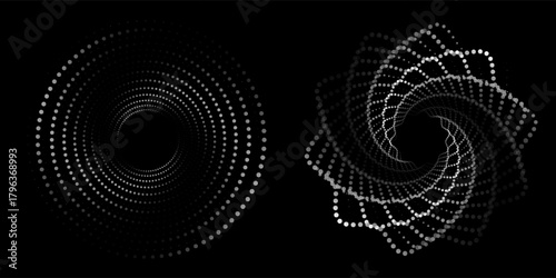 et of black thick halftone dotted speed lines. Speed lines in circle form. Geometric art. Design element for frame, logo, tattoo, web pages, prints, posters, template, abstract vector background.