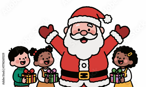 Cheerful Santa Claus with children and gifts in a festive Christmas celebration.