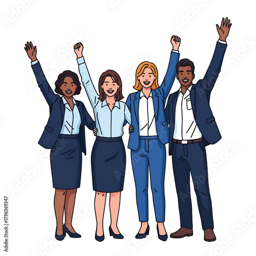 Four diverse professionals in business attire celebrate together, arms raised, smiling confidently!!