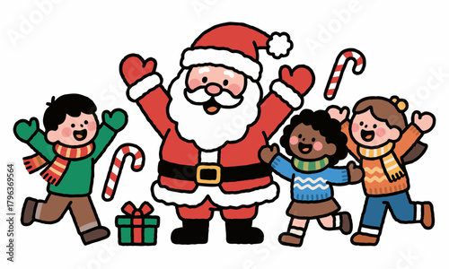 Cheerful Santa Claus with children and gifts in a festive Christmas celebration.