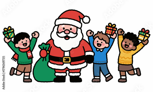 Cheerful Santa Claus with children and gifts in a festive Christmas celebration.