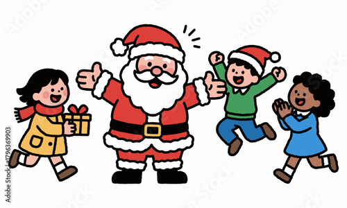 Cheerful Santa Claus with children and gifts in a festive Christmas celebration.