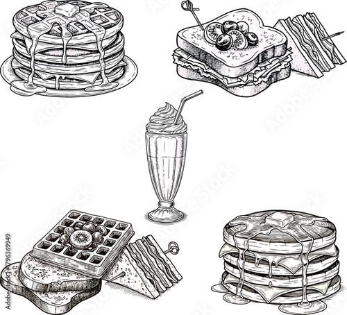 Engraved American breakfast icon set with pancakes waffles toast and milkshake vintage vector illustration