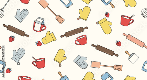 Playful seamless pattern of baking and kitchen essentials like rolling pins, oven mitts, spatulas, mugs, and strawberries, ideal for culinary themes.
