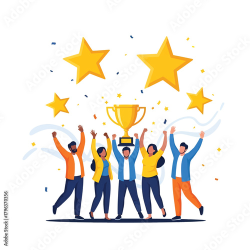 Group of diverse teammates celebrate victory, lifting golden cup amid large stars and confetti today