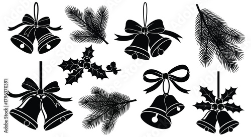 Collection of black and white christmas ornaments featuring bells pine branches and holly with ribbons