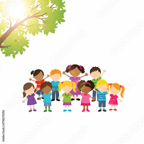 Group of diverse children holding hands under a sunlit, leafy tree in a bright city park scene. joy!